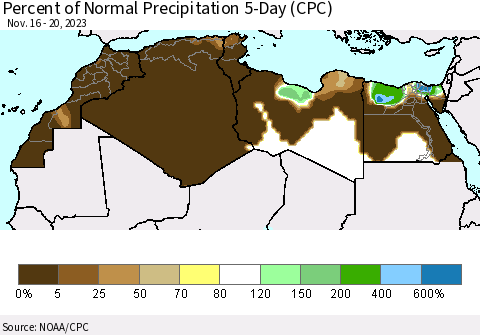 North Africa Percent of Normal Precipitation 5-Day (CPC) Thematic Map For 11/16/2023 - 11/20/2023