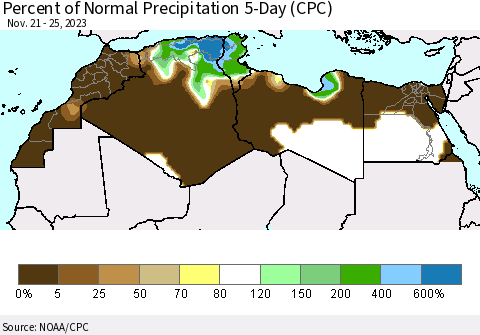 North Africa Percent of Normal Precipitation 5-Day (CPC) Thematic Map For 11/21/2023 - 11/25/2023