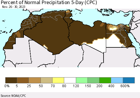 North Africa Percent of Normal Precipitation 5-Day (CPC) Thematic Map For 11/26/2023 - 11/30/2023