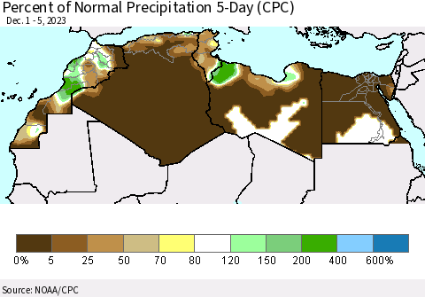 North Africa Percent of Normal Precipitation 5-Day (CPC) Thematic Map For 12/1/2023 - 12/5/2023