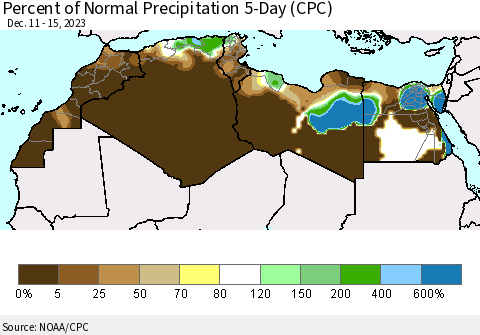 North Africa Percent of Normal Precipitation 5-Day (CPC) Thematic Map For 12/11/2023 - 12/15/2023