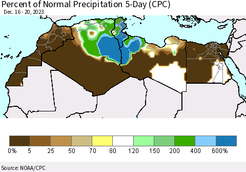 North Africa Percent of Normal Precipitation 5-Day (CPC) Thematic Map For 12/16/2023 - 12/20/2023