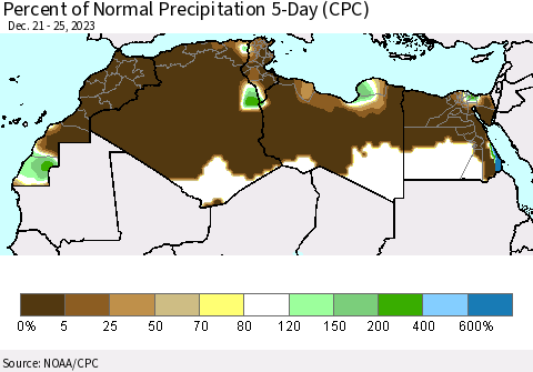 North Africa Percent of Normal Precipitation 5-Day (CPC) Thematic Map For 12/21/2023 - 12/25/2023