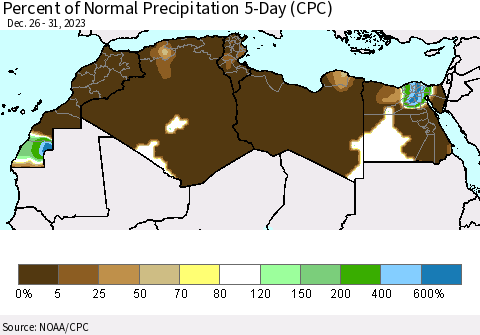 North Africa Percent of Normal Precipitation 5-Day (CPC) Thematic Map For 12/26/2023 - 12/31/2023