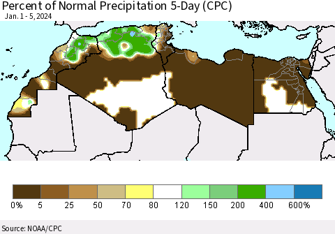 North Africa Percent of Normal Precipitation 5-Day (CPC) Thematic Map For 1/1/2024 - 1/5/2024