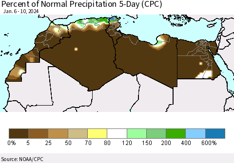 North Africa Percent of Normal Precipitation 5-Day (CPC) Thematic Map For 1/6/2024 - 1/10/2024