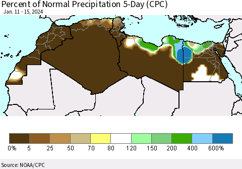 North Africa Percent of Normal Precipitation 5-Day (CPC) Thematic Map For 1/11/2024 - 1/15/2024
