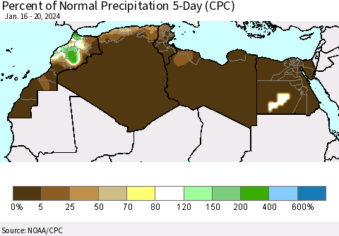 North Africa Percent of Normal Precipitation 5-Day (CPC) Thematic Map For 1/16/2024 - 1/20/2024