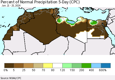 North Africa Percent of Normal Precipitation 5-Day (CPC) Thematic Map For 1/21/2024 - 1/25/2024