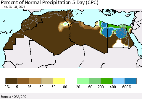 North Africa Percent of Normal Precipitation 5-Day (CPC) Thematic Map For 1/26/2024 - 1/31/2024