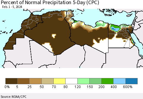 North Africa Percent of Normal Precipitation 5-Day (CPC) Thematic Map For 2/1/2024 - 2/5/2024