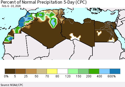 North Africa Percent of Normal Precipitation 5-Day (CPC) Thematic Map For 2/6/2024 - 2/10/2024