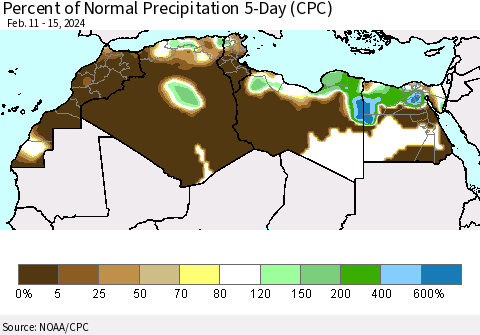 North Africa Percent of Normal Precipitation 5-Day (CPC) Thematic Map For 2/11/2024 - 2/15/2024