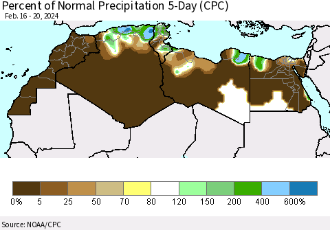 North Africa Percent of Normal Precipitation 5-Day (CPC) Thematic Map For 2/16/2024 - 2/20/2024