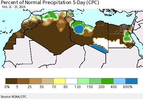 North Africa Percent of Normal Precipitation 5-Day (CPC) Thematic Map For 2/21/2024 - 2/25/2024