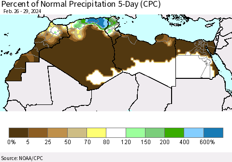 North Africa Percent of Normal Precipitation 5-Day (CPC) Thematic Map For 2/26/2024 - 2/29/2024