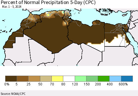 North Africa Percent of Normal Precipitation 5-Day (CPC) Thematic Map For 3/1/2024 - 3/5/2024