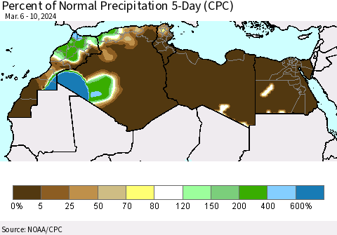 North Africa Percent of Normal Precipitation 5-Day (CPC) Thematic Map For 3/6/2024 - 3/10/2024