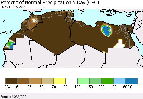 North Africa Percent of Normal Precipitation 5-Day (CPC) Thematic Map For 3/11/2024 - 3/15/2024