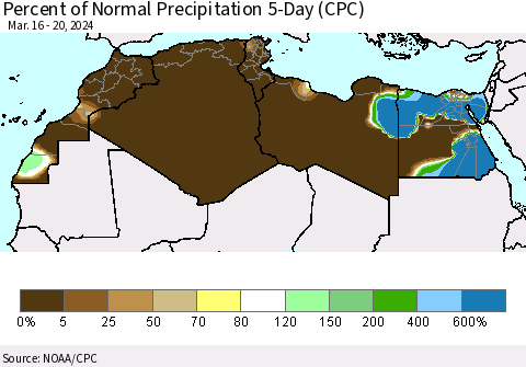 North Africa Percent of Normal Precipitation 5-Day (CPC) Thematic Map For 3/16/2024 - 3/20/2024