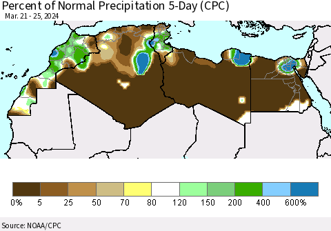 North Africa Percent of Normal Precipitation 5-Day (CPC) Thematic Map For 3/21/2024 - 3/25/2024