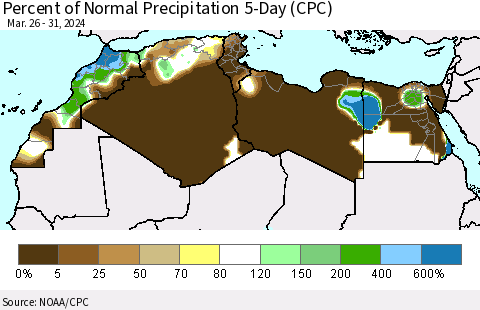 North Africa Percent of Normal Precipitation 5-Day (CPC) Thematic Map For 3/26/2024 - 3/31/2024