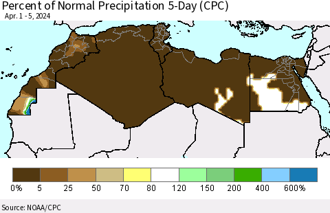 North Africa Percent of Normal Precipitation 5-Day (CPC) Thematic Map For 4/1/2024 - 4/5/2024