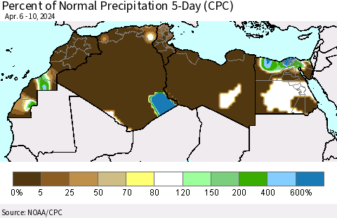 North Africa Percent of Normal Precipitation 5-Day (CPC) Thematic Map For 4/6/2024 - 4/10/2024