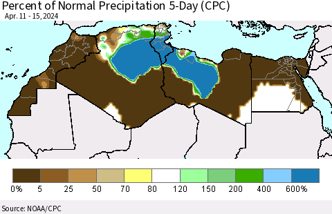 North Africa Percent of Normal Precipitation 5-Day (CPC) Thematic Map For 4/11/2024 - 4/15/2024