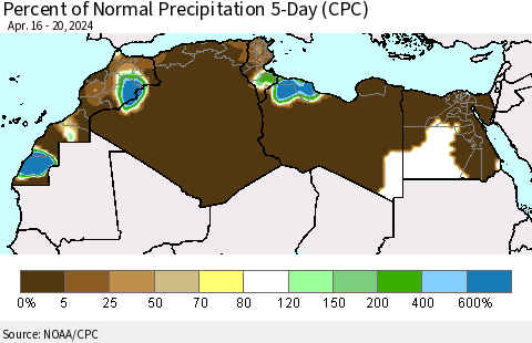 North Africa Percent of Normal Precipitation 5-Day (CPC) Thematic Map For 4/16/2024 - 4/20/2024