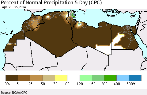 North Africa Percent of Normal Precipitation 5-Day (CPC) Thematic Map For 4/21/2024 - 4/25/2024