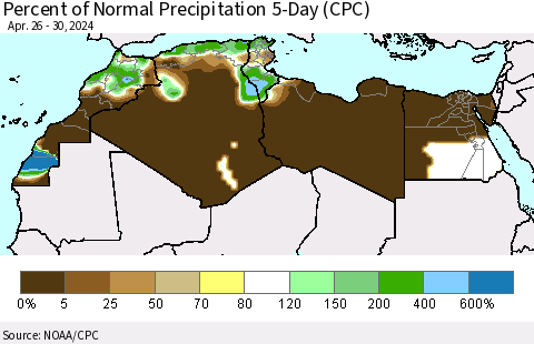 North Africa Percent of Normal Precipitation 5-Day (CPC) Thematic Map For 4/26/2024 - 4/30/2024