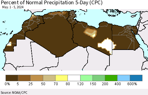 North Africa Percent of Normal Precipitation 5-Day (CPC) Thematic Map For 5/1/2024 - 5/5/2024