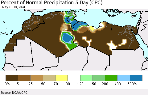 North Africa Percent of Normal Precipitation 5-Day (CPC) Thematic Map For 5/6/2024 - 5/10/2024