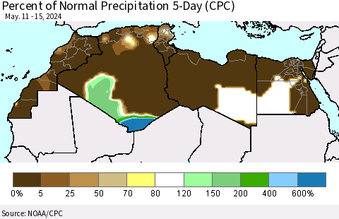 North Africa Percent of Normal Precipitation 5-Day (CPC) Thematic Map For 5/11/2024 - 5/15/2024