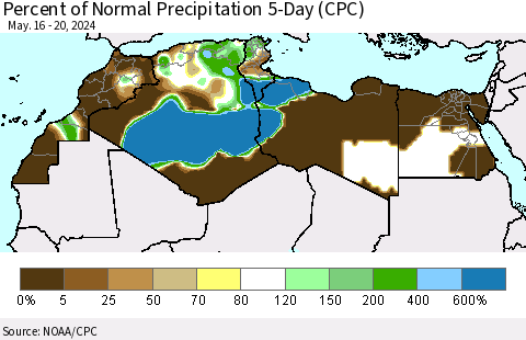 North Africa Percent of Normal Precipitation 5-Day (CPC) Thematic Map For 5/16/2024 - 5/20/2024