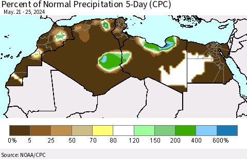 North Africa Percent of Normal Precipitation 5-Day (CPC) Thematic Map For 5/21/2024 - 5/25/2024