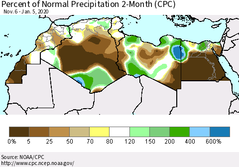 North Africa Percent of Normal Precipitation 2-Month (CPC) Thematic Map For 11/6/2019 - 1/5/2020