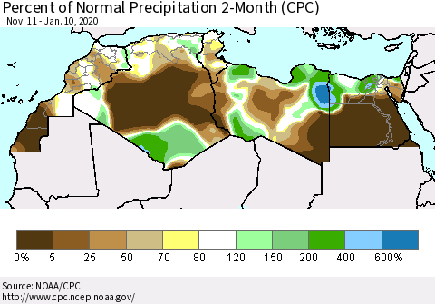 North Africa Percent of Normal Precipitation 2-Month (CPC) Thematic Map For 11/11/2019 - 1/10/2020