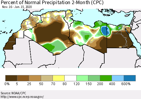 North Africa Percent of Normal Precipitation 2-Month (CPC) Thematic Map For 11/16/2019 - 1/15/2020