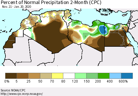 North Africa Percent of Normal Precipitation 2-Month (CPC) Thematic Map For 11/21/2019 - 1/20/2020