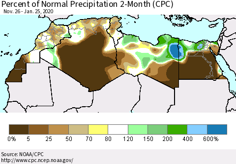 North Africa Percent of Normal Precipitation 2-Month (CPC) Thematic Map For 11/26/2019 - 1/25/2020