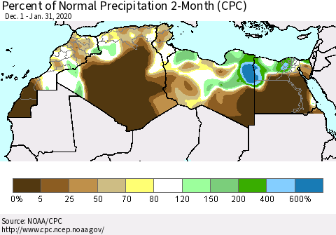 North Africa Percent of Normal Precipitation 2-Month (CPC) Thematic Map For 12/1/2019 - 1/31/2020