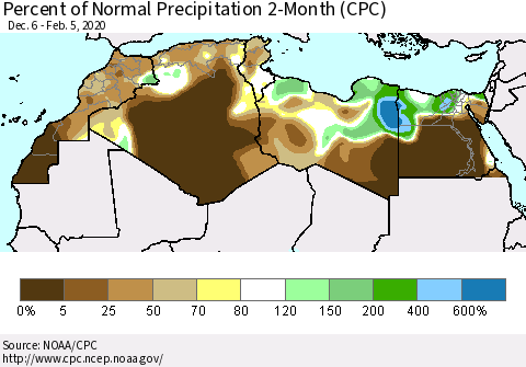 North Africa Percent of Normal Precipitation 2-Month (CPC) Thematic Map For 12/6/2019 - 2/5/2020