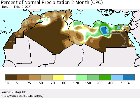 North Africa Percent of Normal Precipitation 2-Month (CPC) Thematic Map For 12/11/2019 - 2/10/2020