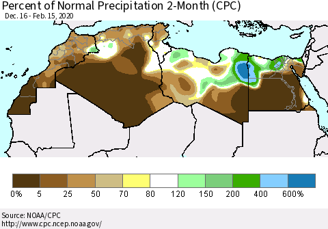 North Africa Percent of Normal Precipitation 2-Month (CPC) Thematic Map For 12/16/2019 - 2/15/2020