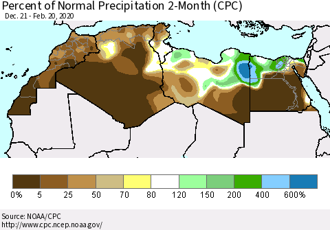 North Africa Percent of Normal Precipitation 2-Month (CPC) Thematic Map For 12/21/2019 - 2/20/2020