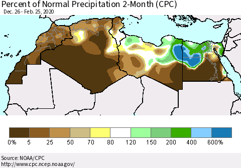 North Africa Percent of Normal Precipitation 2-Month (CPC) Thematic Map For 12/26/2019 - 2/25/2020