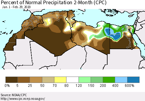 North Africa Percent of Normal Precipitation 2-Month (CPC) Thematic Map For 1/1/2020 - 2/29/2020