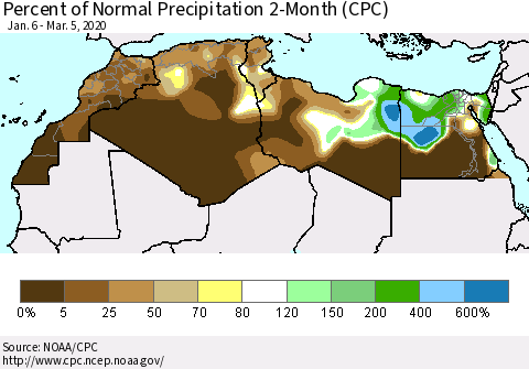 North Africa Percent of Normal Precipitation 2-Month (CPC) Thematic Map For 1/6/2020 - 3/5/2020